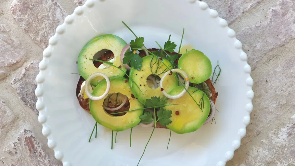 Darren Robertson's Avocado Rounds with Ricotta, Soft Herbs, Pickled Shallot and Chilli Honey