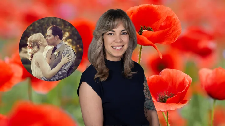 Annabelle Wilson with her late husband Josh with a background of poppies