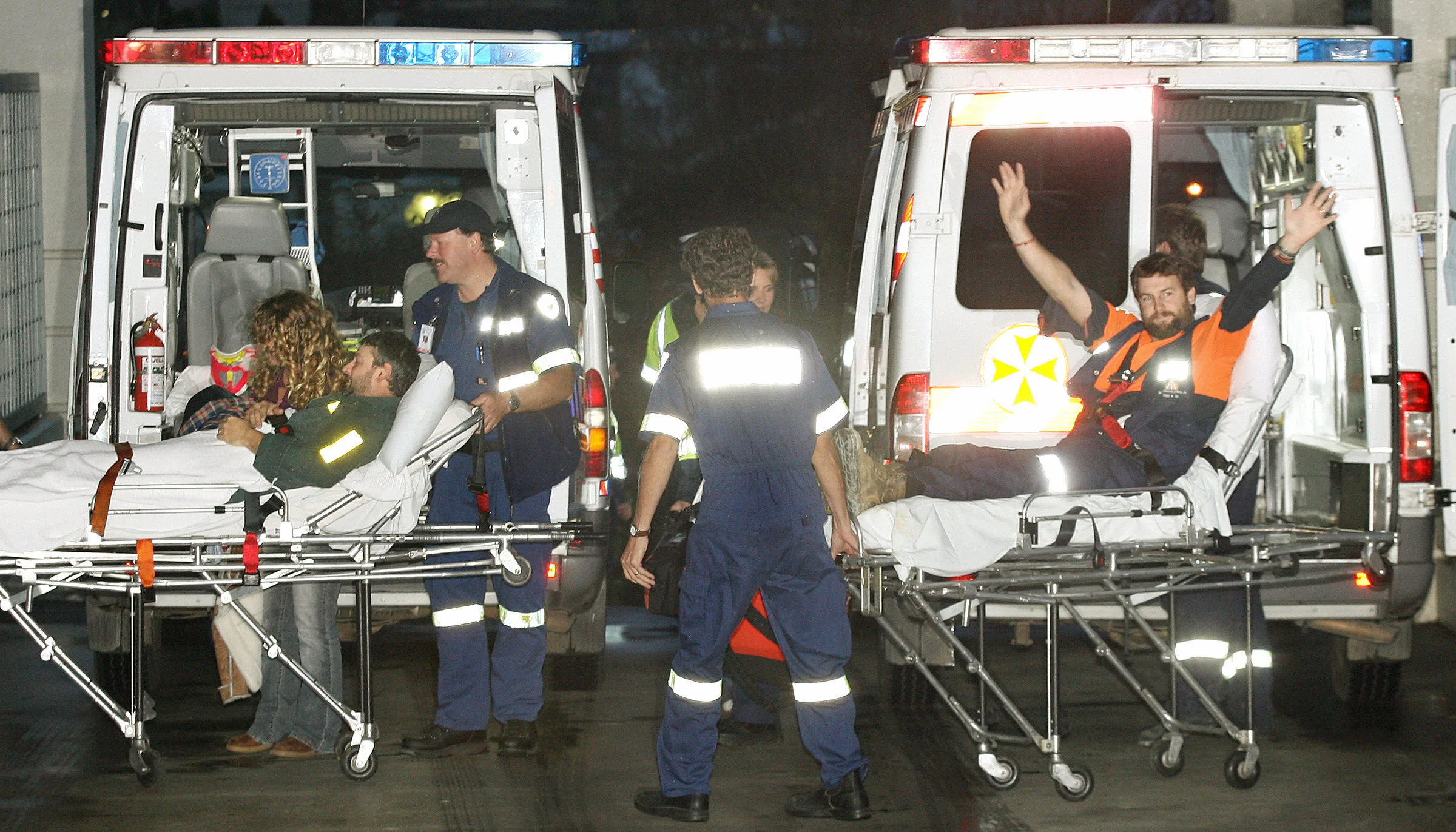 Beaconsfield Mine rescue 2006, miners Brant Webb and Todd Russell stretchered into Launceston Hospital after underground collapse in Tasmania.