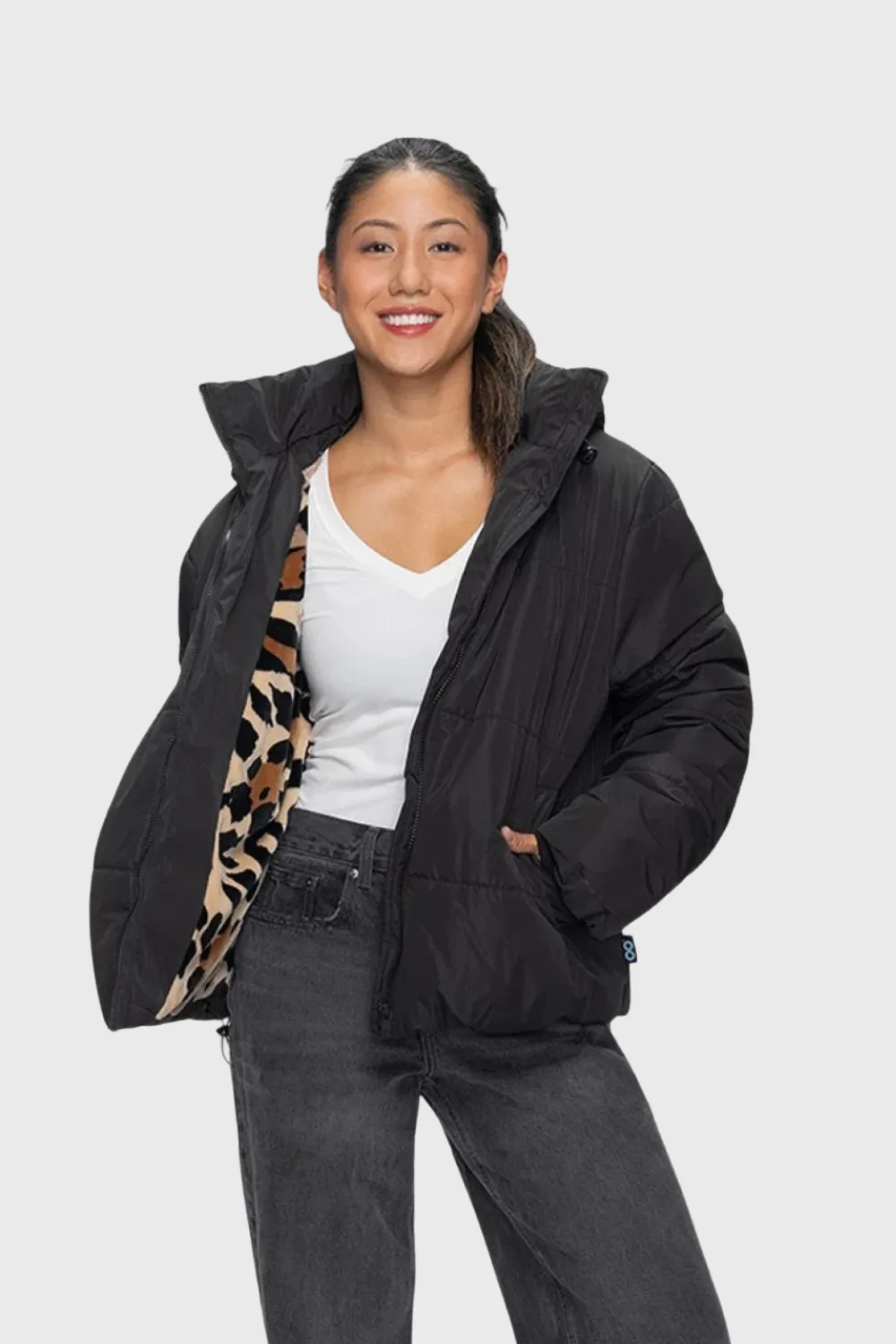 the oodie black and leopard puffer jacket 