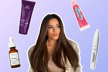 eva longoria surrounded by new beauty products
