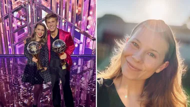 Robert Irwin and Bindi Irwin holdind Dancing with the Stars trophies and Bindi Irwin solo shot