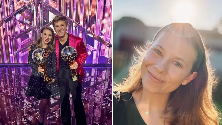 Robert Irwin and Bindi Irwin holdind Dancing with the Stars trophies and Bindi Irwin solo shot