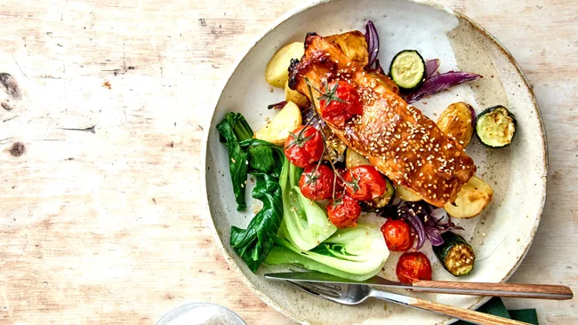 Miso Salmon and Veggie Tray Bake