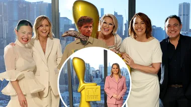 2026 Logie nominees Poh Ling Yeow, Ally Langdon, RObert Irwin, Julia Morris, Lisa Millar and Sam Pang and inset of Jelena Dokic with Logie statue