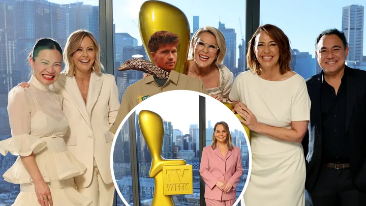 2026 Logie nominees Poh Ling Yeow, Ally Langdon, RObert Irwin, Julia Morris, Lisa Millar and Sam Pang and inset of Jelena Dokic with Logie statue