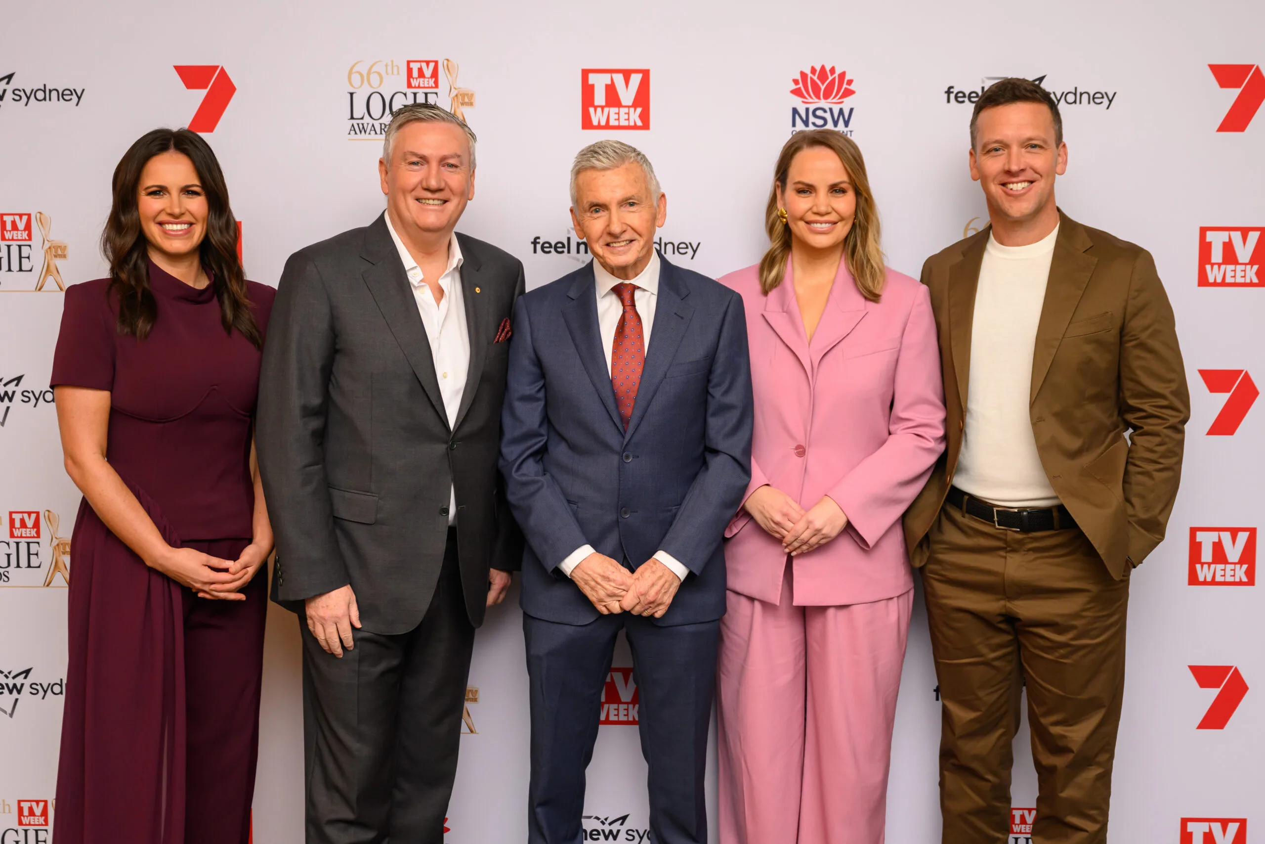 Danika Mason, Eddie McGuire, Bruce McAvaney, Jelena Dokic and James Bracey attend the 2026 TV WEEK Logie Awards Nominations Announcement on June 22, 2026 in Sydney, Australia. (Photo by James Gourley/Getty Images for TV WEEK)