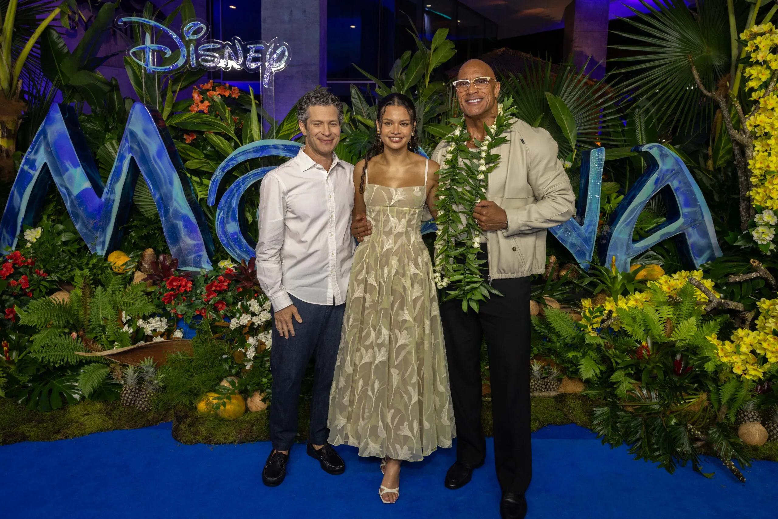 Moana live action director Thomas Kail, Catherine Laga'aia and Dwayne Johnson at the Sydney event for Moana on June 25, 2026
