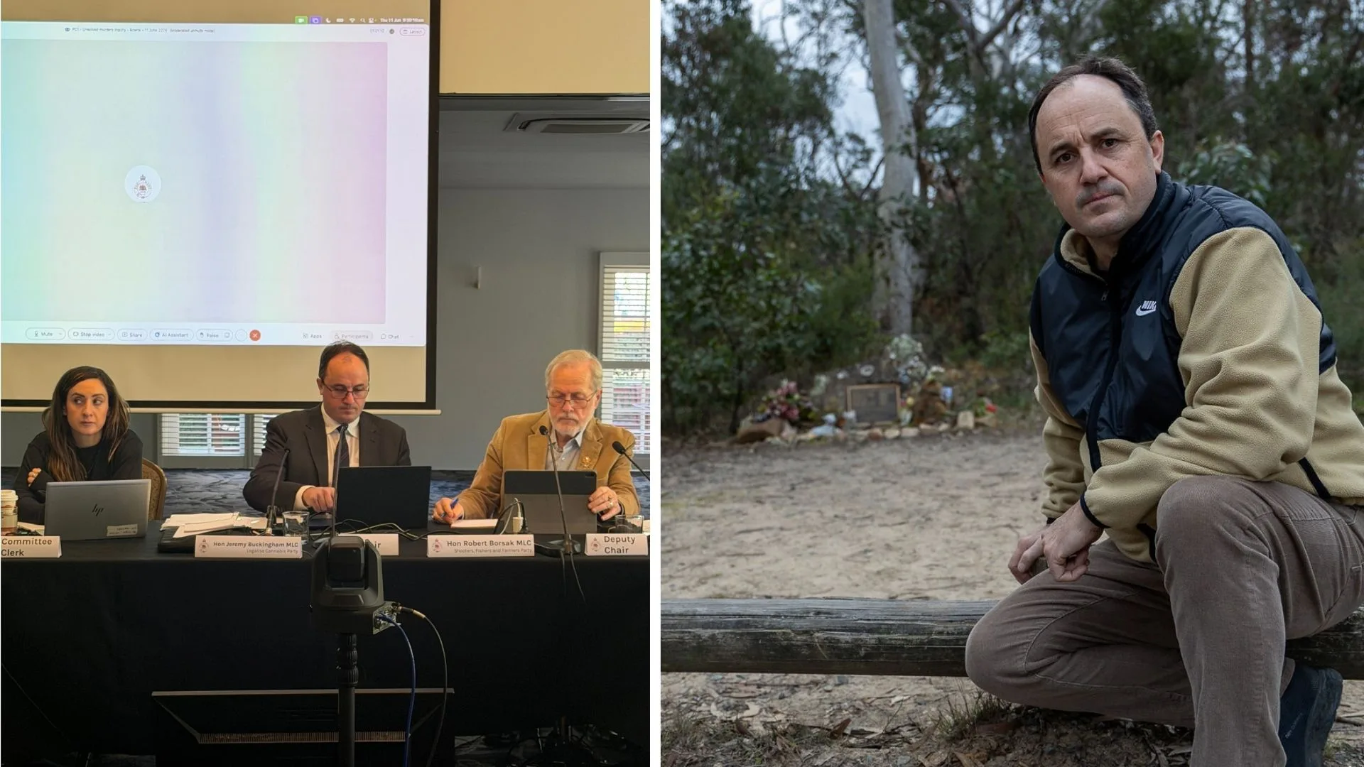 Jeremy Buckingham at the NSW parliamentary inquiry and Jeremy Buckingham in bushland