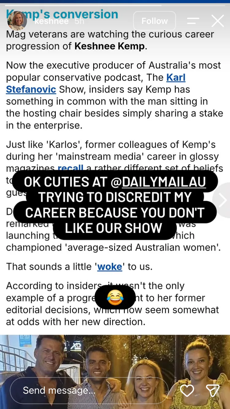 Keshenee Kemp Instagram story slamming The Daily Mail