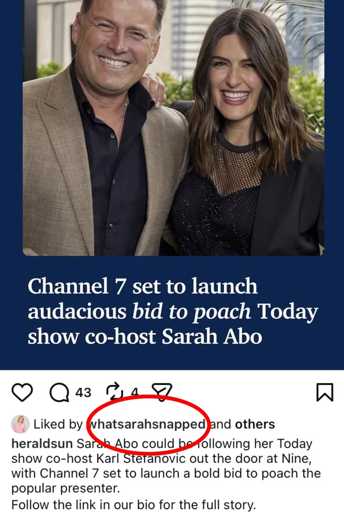 Sarah Abo liking the The Herald Sun's Instagram post