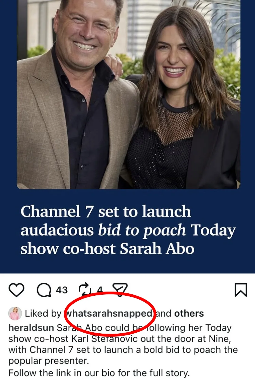 Sarah Abo liking the The Herald Sun's Instagram post