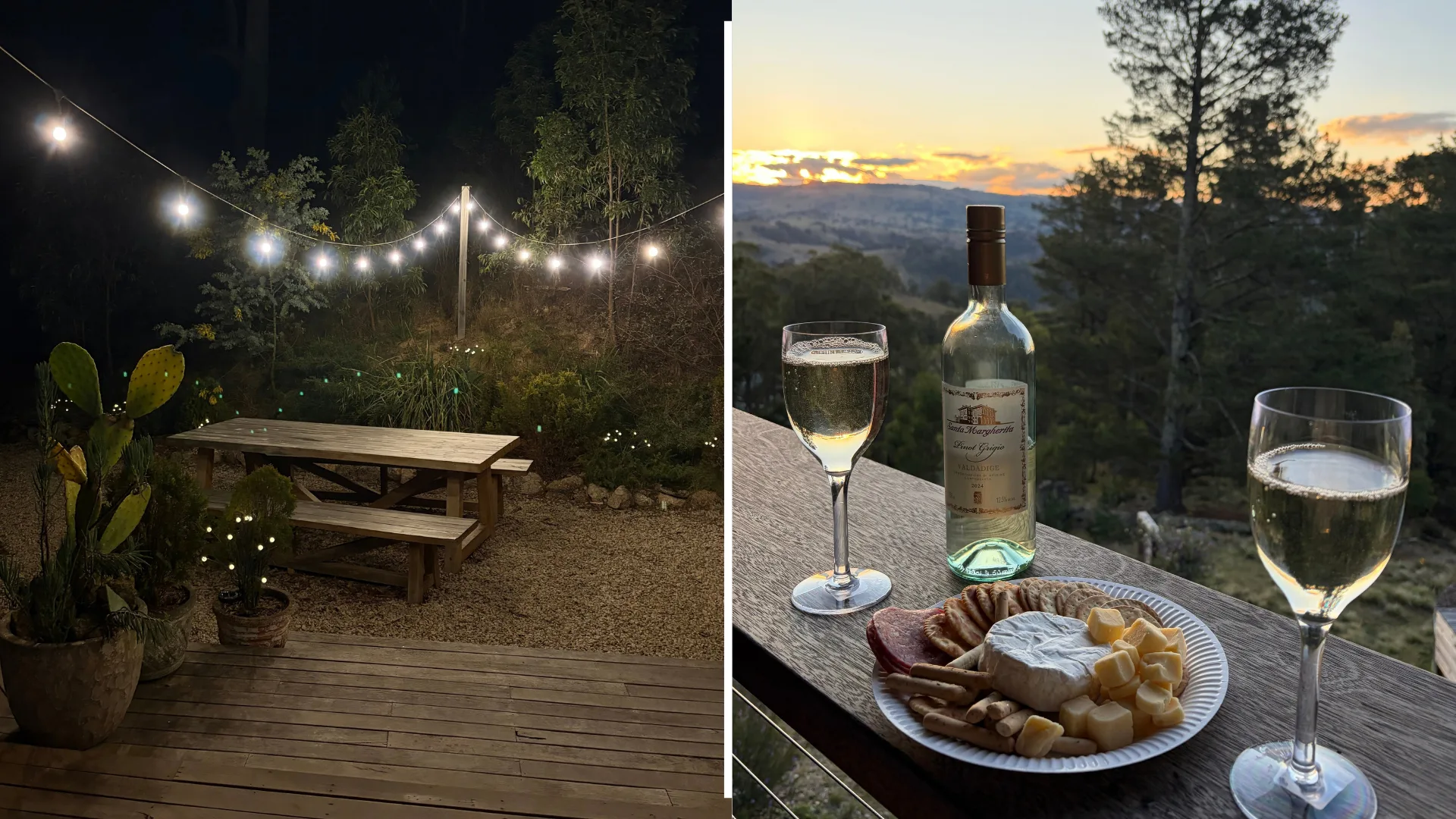 mt kanimbla retreats woodlands cabin outdoor area with string lights. wine and a plate of cheese overlooking mountain views. 