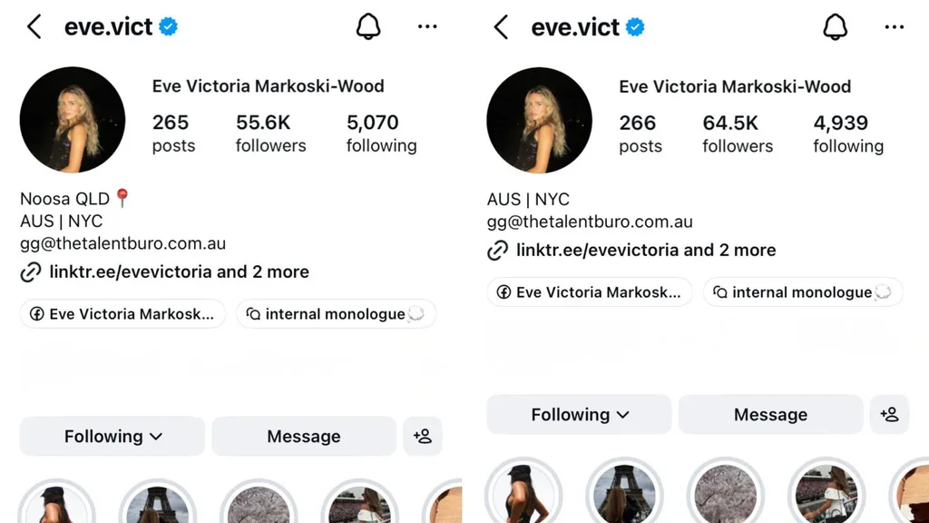 Eve Wood Instagram bio with and without Noosa geotag