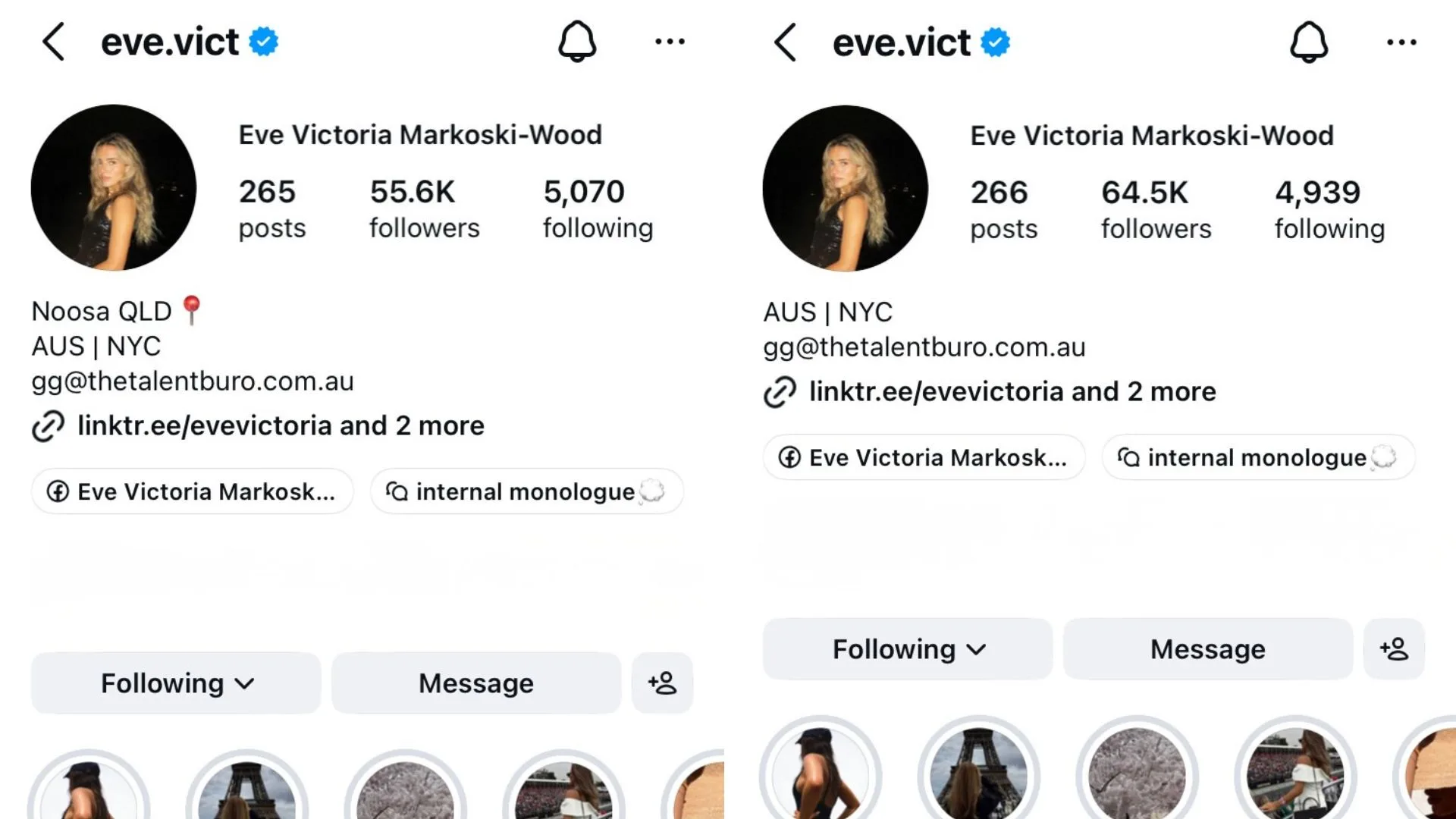 Eve Wood Instagram bio with and without Noosa geotag
