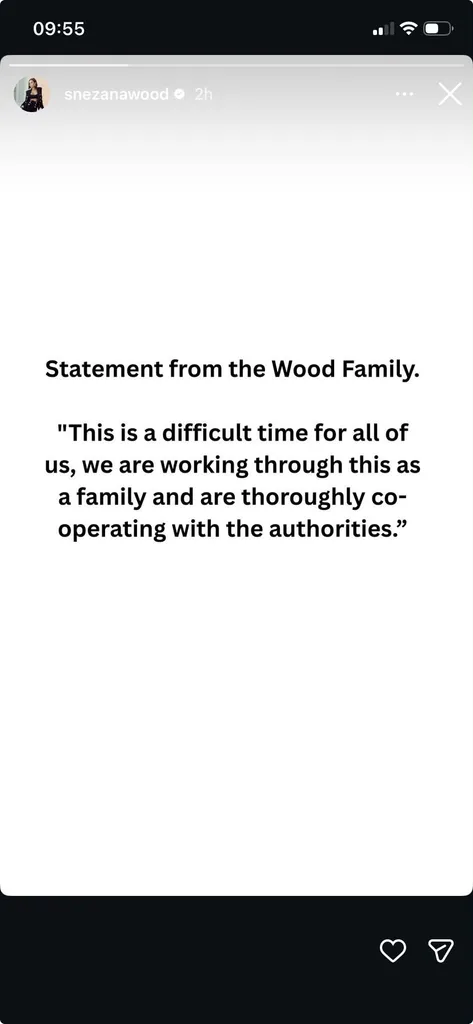 Snezana Wood statement via Instagram after Sam Wood arrest