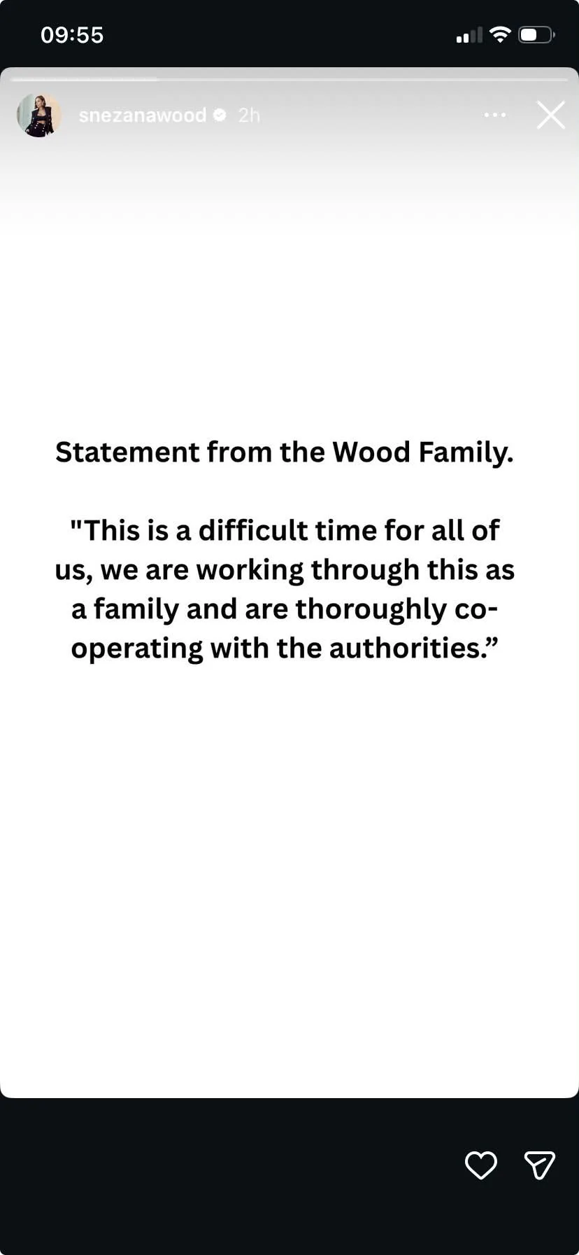Snezana Wood statement via Instagram after Sam Wood arrest