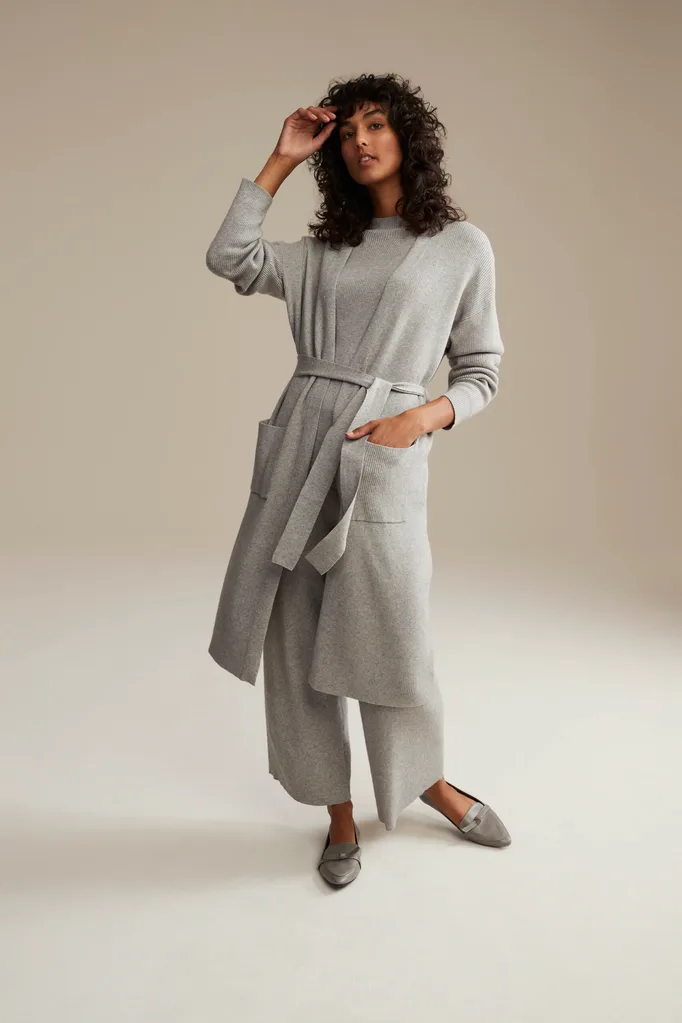 Women's longline pocket cardi, $25; Women's mock neck raglan, $25; Women's wide leg pants, $25, all at Kmart