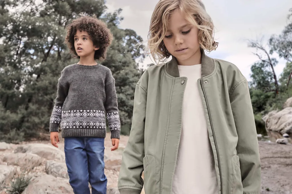 Kids' jacket, $29; Kids' tee $8; Kids' denim jeans, $20; Kids' knit jumper, $17; Kids' denim jeans, $15; all at Kmart