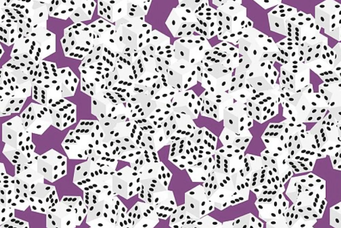 A pile of white dice with black dots on a purple background; one die has seven dots.