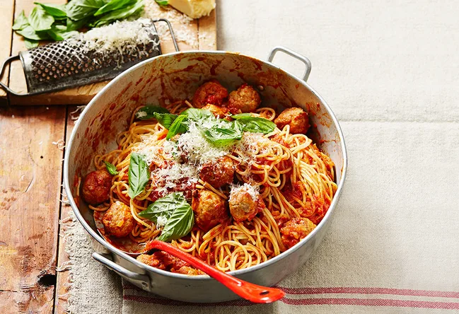 Pork and veal meatballs with spaghetti