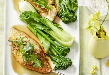 Baked ginger soy fish with Asian greens