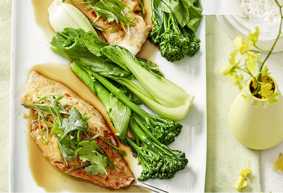 Baked ginger soy fish with Asian greens Recipe | New Idea