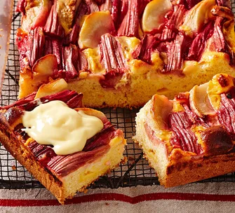 Warm rhubarb and apple custard cake