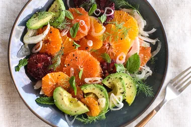 Avocado & Orange Salad With Black Olive Dressing