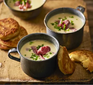 Warm up with Fast Ed’s Ham Hock Potato and Leek Soup