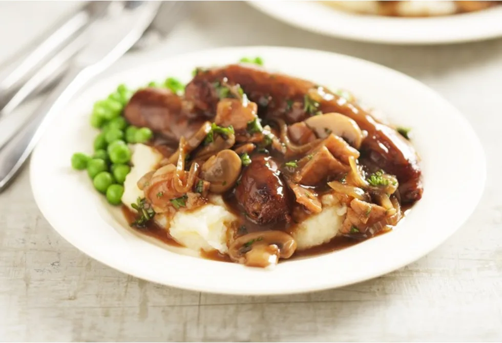 Sausages in onion & bacon gravy