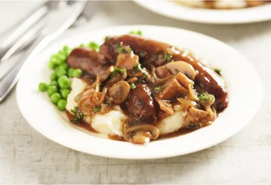 Sausages in onion & bacon gravy