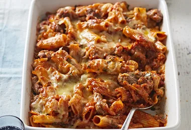 Lamb sausage pasta bake