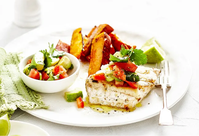 Fish with Avocado Salsa and Wedges