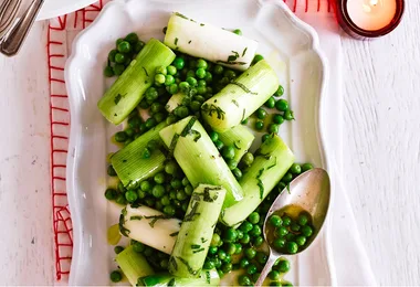 Steamed leeks & peas with herby vinaigrette