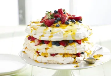 Mango-berry  pavlova stack