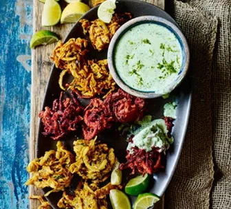 Rainbow Bhajis with Coriander Cream