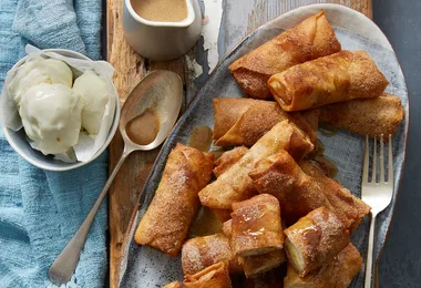 Banana Spring Rolls with Coconut Caramel Sauce