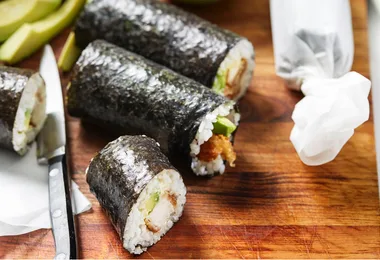 Chicken Schnitzel and Avocado Sushi Rolls