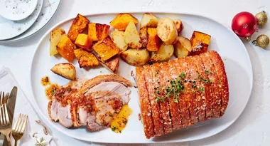 This crackling pork roast with apricot sauce will be a family favourite