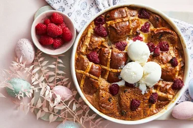 This Raspberry and Caramel Hot Cross Bun Pudding belongs at the Easter dinner table