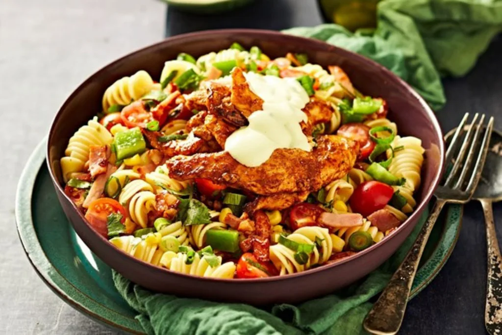 Chicken pasta salad with avocado dressing