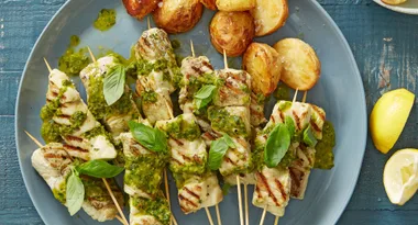 Easter lunch sorted! Try this Fish Skewers with Basil Dressing recipe