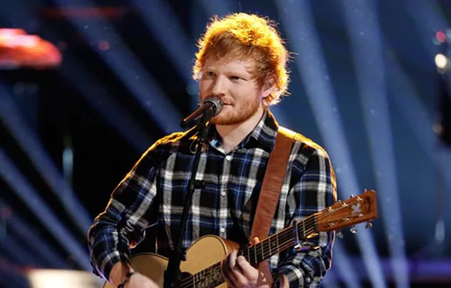 Musician with a guitar performs on stage, wearing a plaid shirt and singing into a microphone.