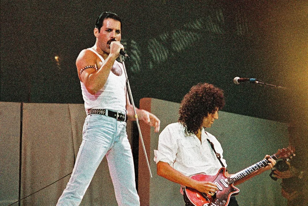 Freddie Mercury and Brian May on stage