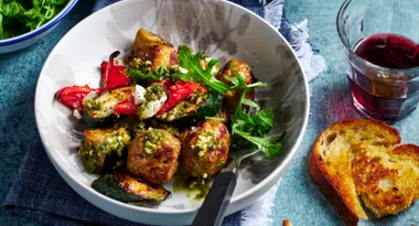 Pesto meatball traybake