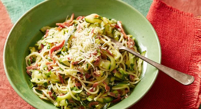 Zucchini Bacon and Lemon Spaghetti