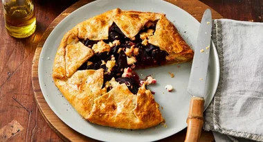 Caramelised onion, beetroot and feta tart
