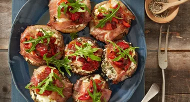 Proscuitto Wrapped Mushrooms with Capsicum Relish