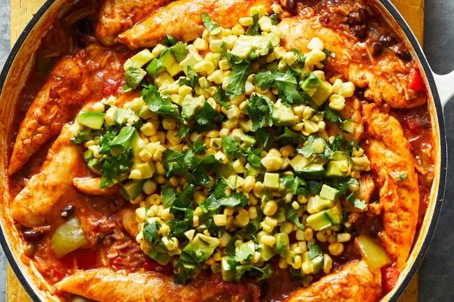 Mexican Chicken and Rice with Corn and Avocado Salsa